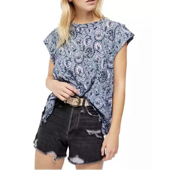 Free People Tops - Free People T Shirt Oversized Dual Print Floral Blue Top Cap Sleeve Boxy XS Crew